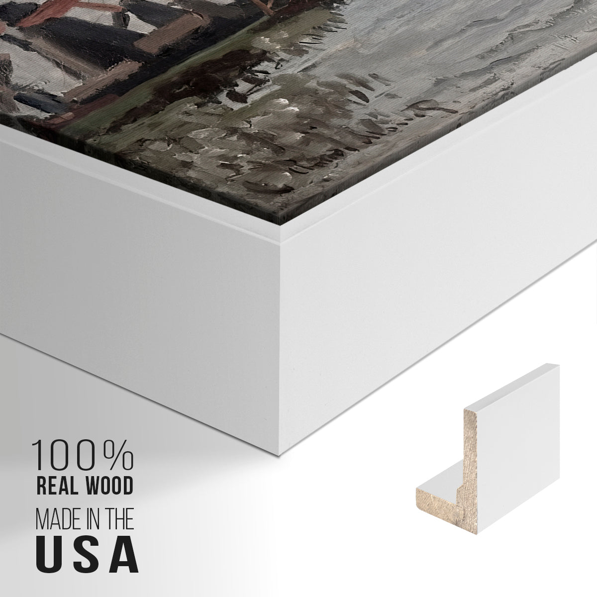 Close-up of the white floater frame corner and gallery wrapped canvas construction.