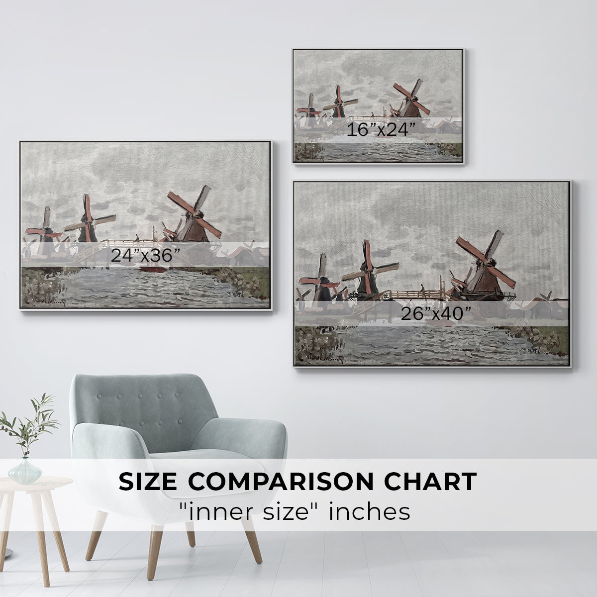 Size comparison chart for white floater framed canvas featuring Windmills near Zaandam, 1871 by Claude Monet.
