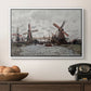 Windmills near Zaandam, 1871 by Claude Monet in a white floater framed canvas displayed above a console table in a hallway, featuring a landscape featuring windmills and low horizon sky.