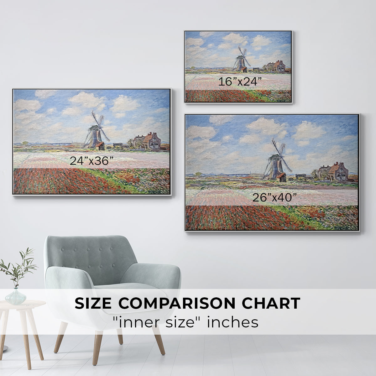 Size comparison chart for white floater framed canvas featuring Tulip Fields with the Rijnsburg Windmill, 1886 by Claude Monet.
