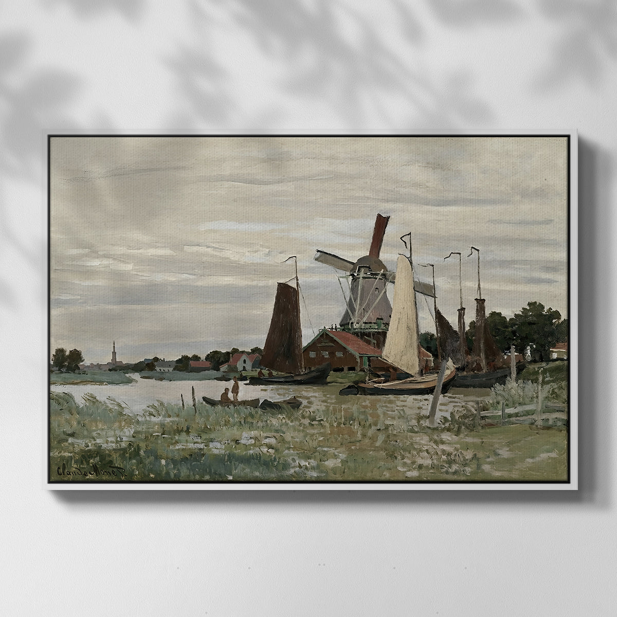 Front view of Windmill at Zaandam, 1871 by Claude Monet in a white floater framed canvas.