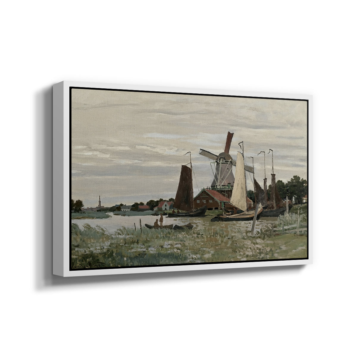 Angled view of Windmill at Zaandam, 1871 by Claude Monet in a white floater framed canvas.