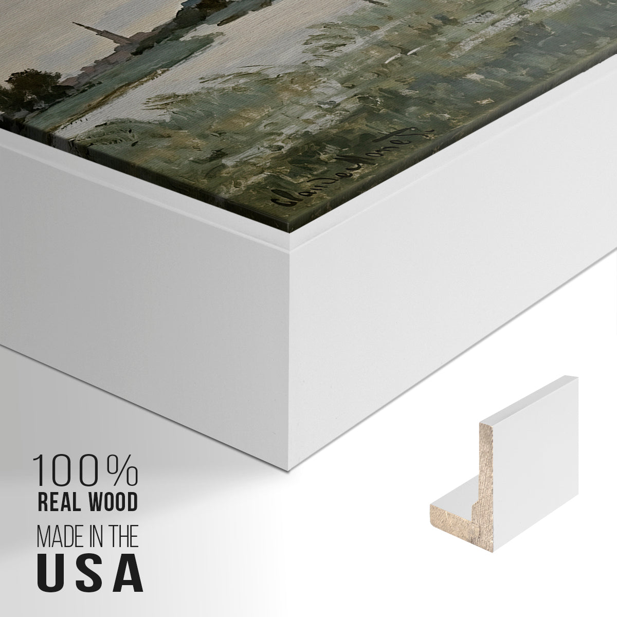 Close-up of the white floater frame corner and gallery wrapped canvas construction.