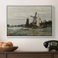 Windmill at Zaandam, 1871 by Claude Monet in a white floater framed canvas displayed above a console table in a hallway, featuring a countryside structure standing against open sky.