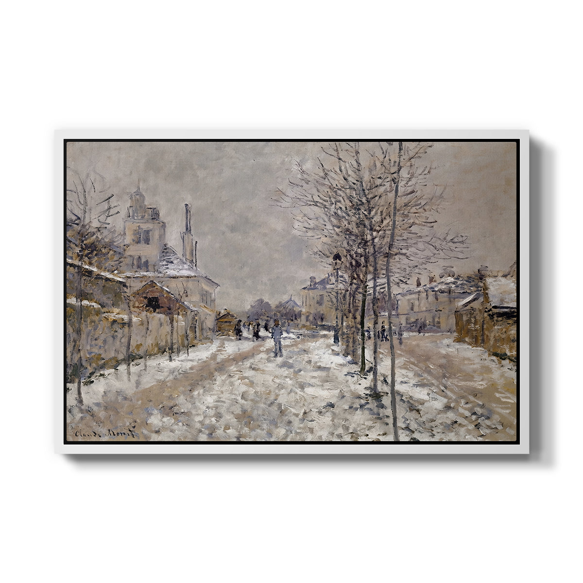 The Boulevard de Pontoise at Argenteuil, Snow Effect, 1875 by Claude Monet in a white floater framed canvas wall art display.