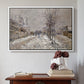 White floater framed canvas featuring The Boulevard de Pontoise at Argenteuil, Snow Effect, 1875 by Claude Monet above an entryway table in a minimalist foyer.