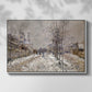 Front view of The Boulevard de Pontoise at Argenteuil, Snow Effect, 1875 by Claude Monet in a white floater framed canvas.