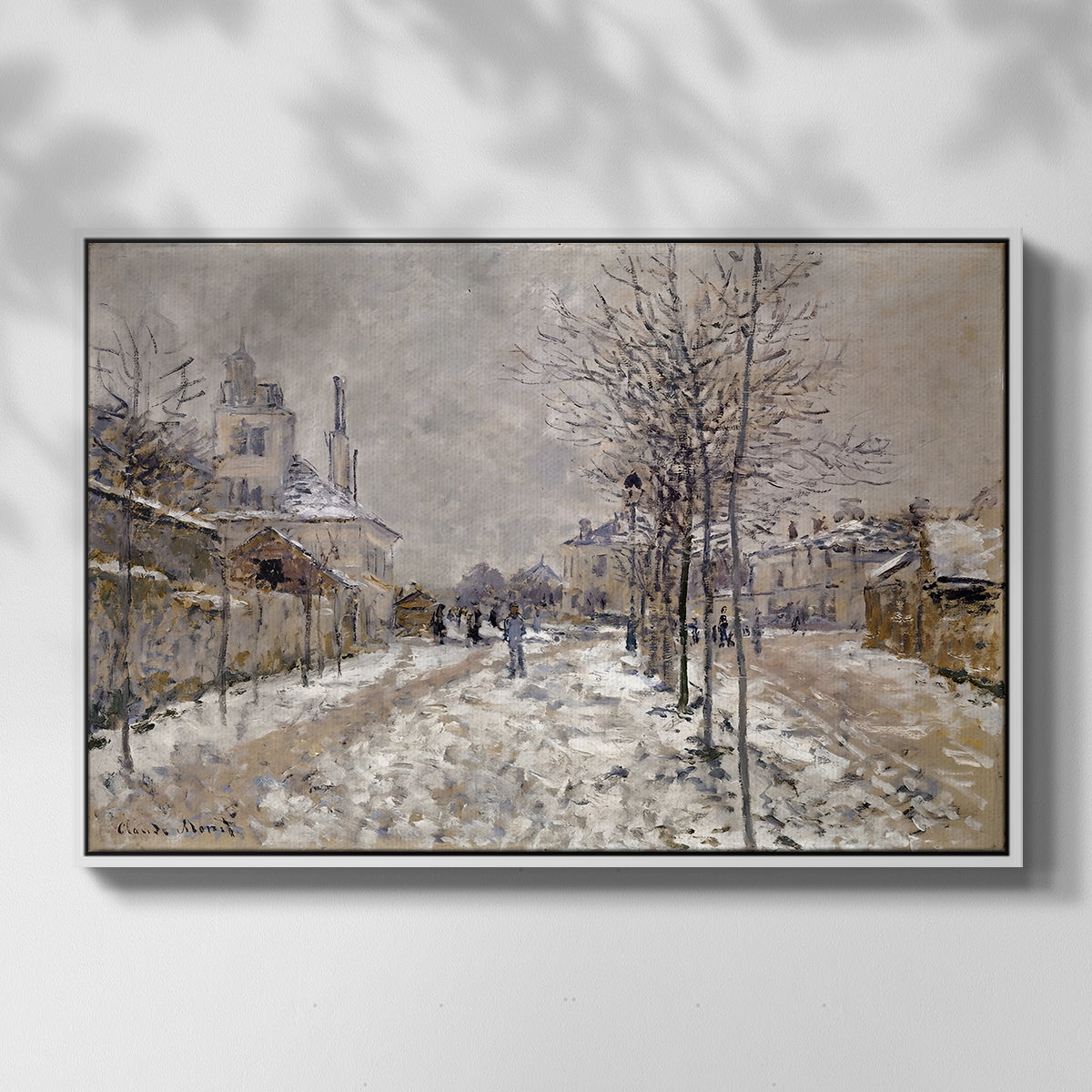 Front view of The Boulevard de Pontoise at Argenteuil, Snow Effect, 1875 by Claude Monet in a white floater framed canvas.