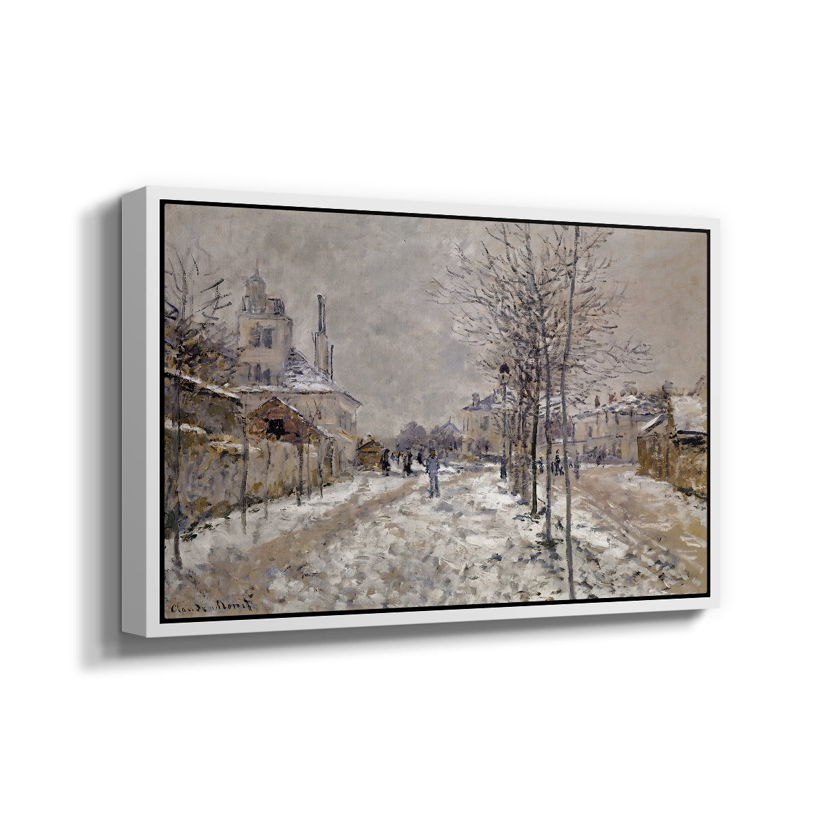 Angled view of The Boulevard de Pontoise at Argenteuil, Snow Effect, 1875 by Claude Monet in a white floater framed canvas.