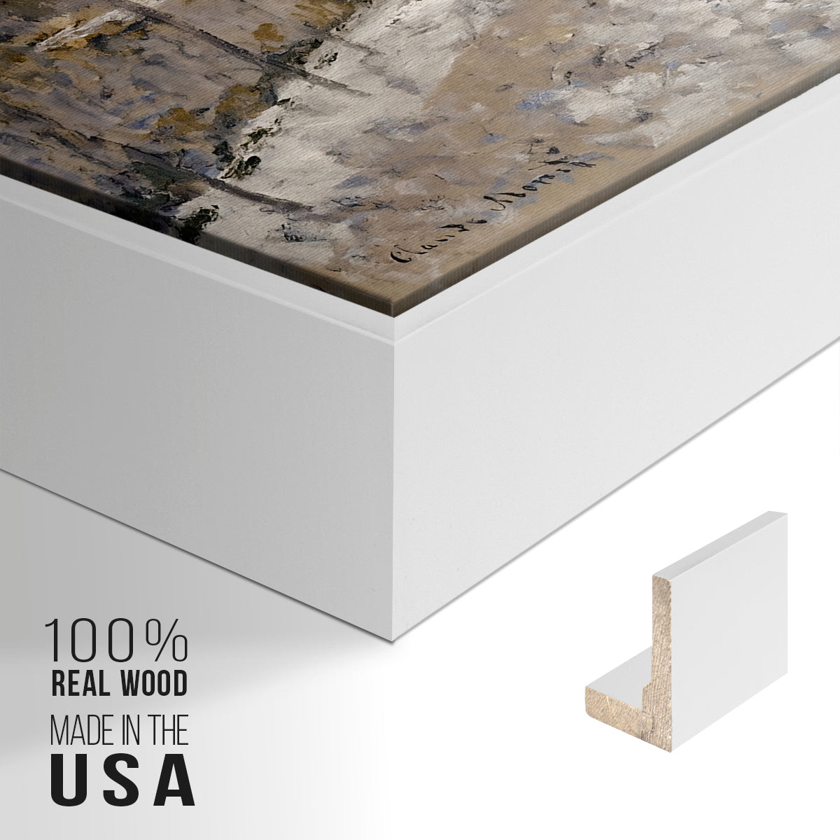 Close-up of the white floater frame corner and gallery wrapped canvas construction.