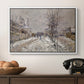 The Boulevard de Pontoise at Argenteuil, Snow Effect, 1875 by Claude Monet in a white floater framed canvas displayed above a console table in a hallway, featuring an urban winter landscape with muted tones and soft light.