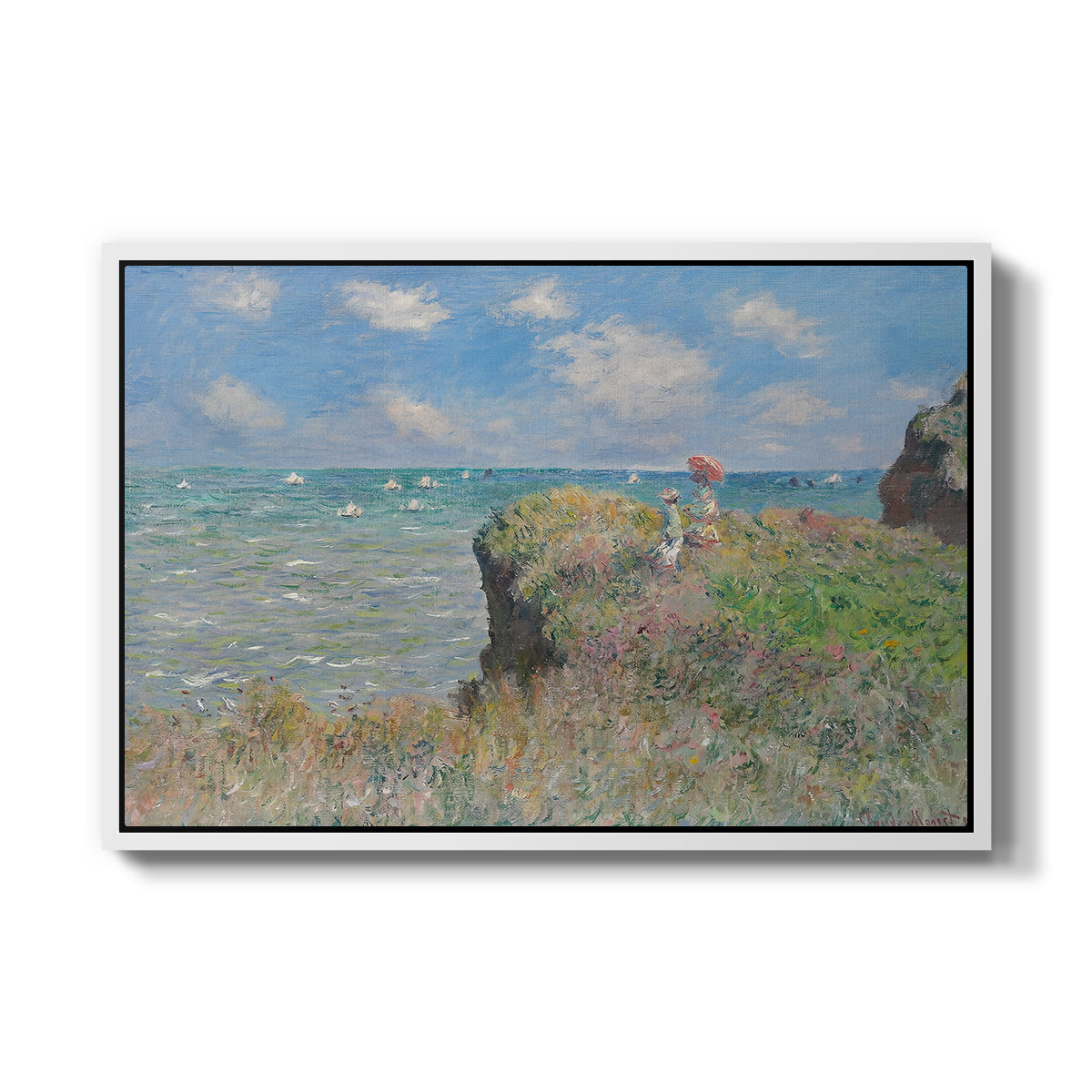 The Cliff Walk at Pourville, 1882 by Claude Monet in a white floater framed canvas wall art display.