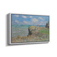 Angled view of The Cliff Walk at Pourville, 1882 by Claude Monet in a white floater framed canvas.