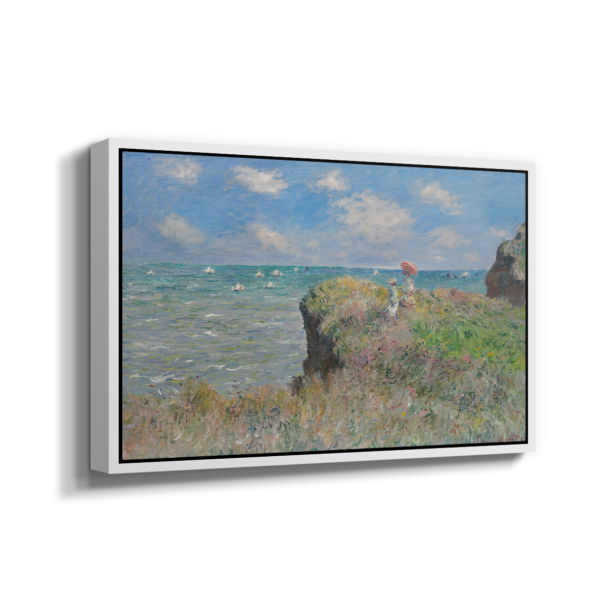 Angled view of The Cliff Walk at Pourville, 1882 by Claude Monet in a white floater framed canvas.