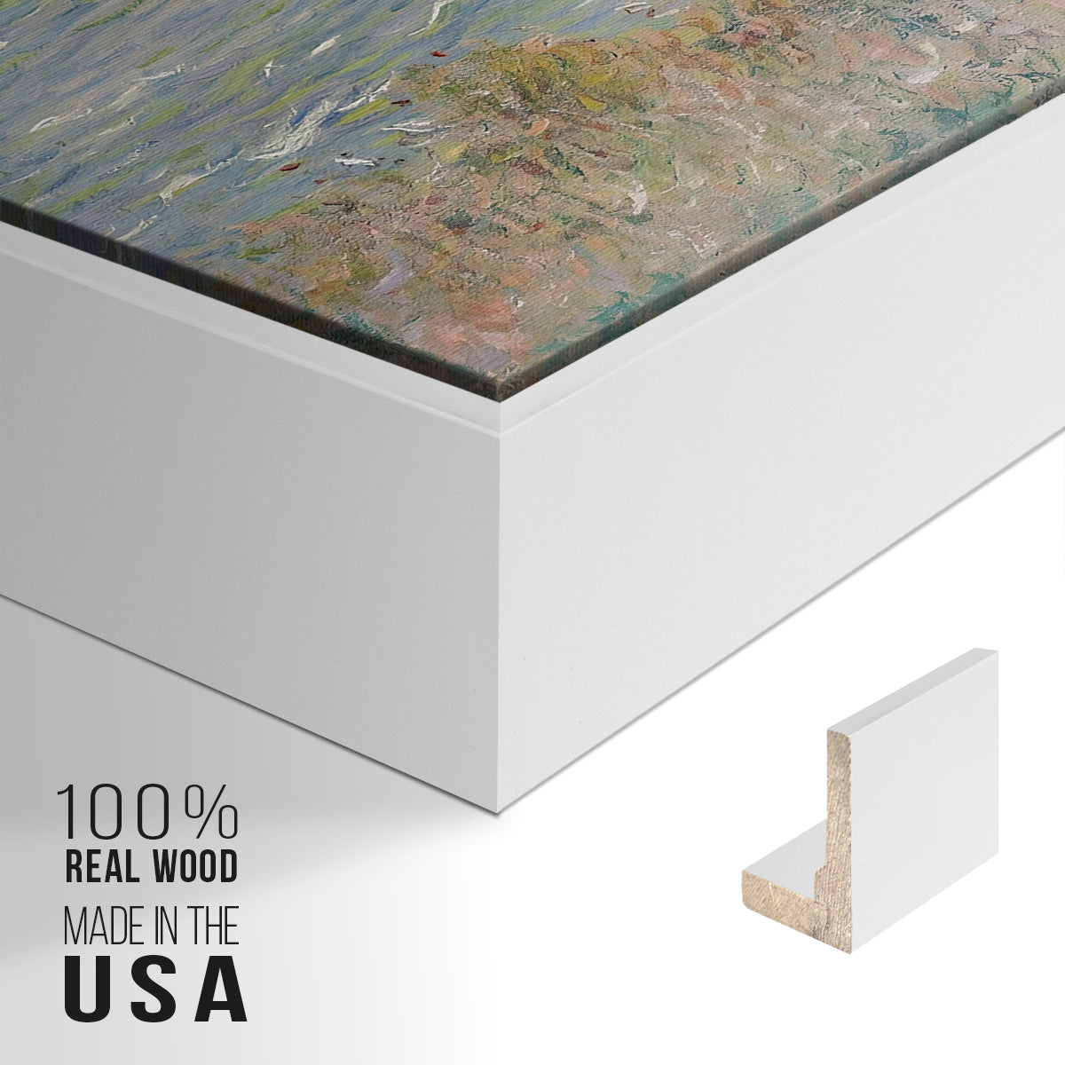 Close-up of the white floater frame corner and gallery wrapped canvas construction.