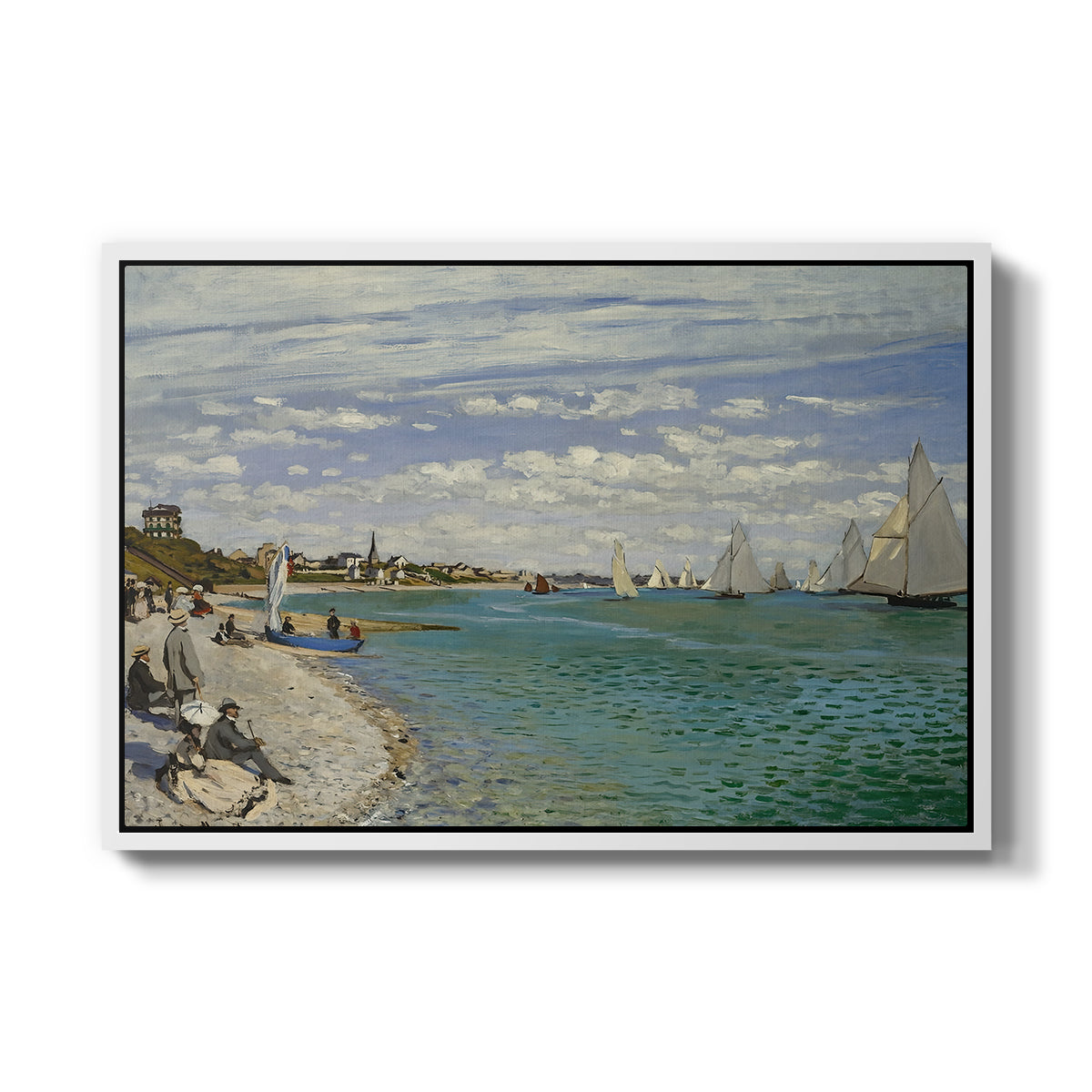 Regatta at Sainte-Adresse, 1867 by Claude Monet in a white floater framed canvas wall art display.