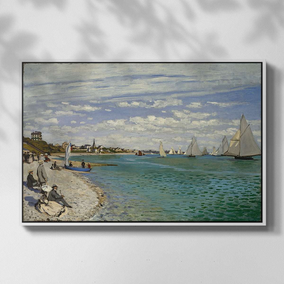 Front view of Regatta at Sainte-Adresse, 1867 by Claude Monet in a white floater framed canvas.