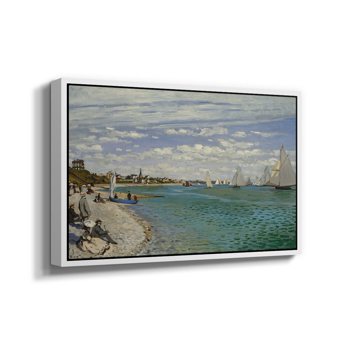 Angled view of Regatta at Sainte-Adresse, 1867 by Claude Monet in a white floater framed canvas.