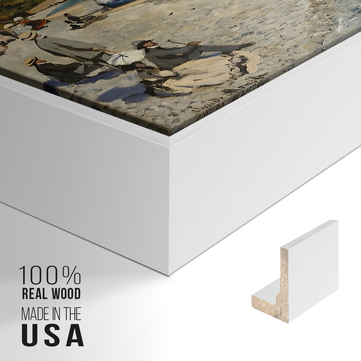Close-up of the white floater frame corner and gallery wrapped canvas construction.