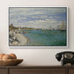 Regatta at Sainte-Adresse, 1867 by Claude Monet in a white floater framed canvas displayed above a console table in a hallway, featuring a nautical scene with boats racing near seaside town.
