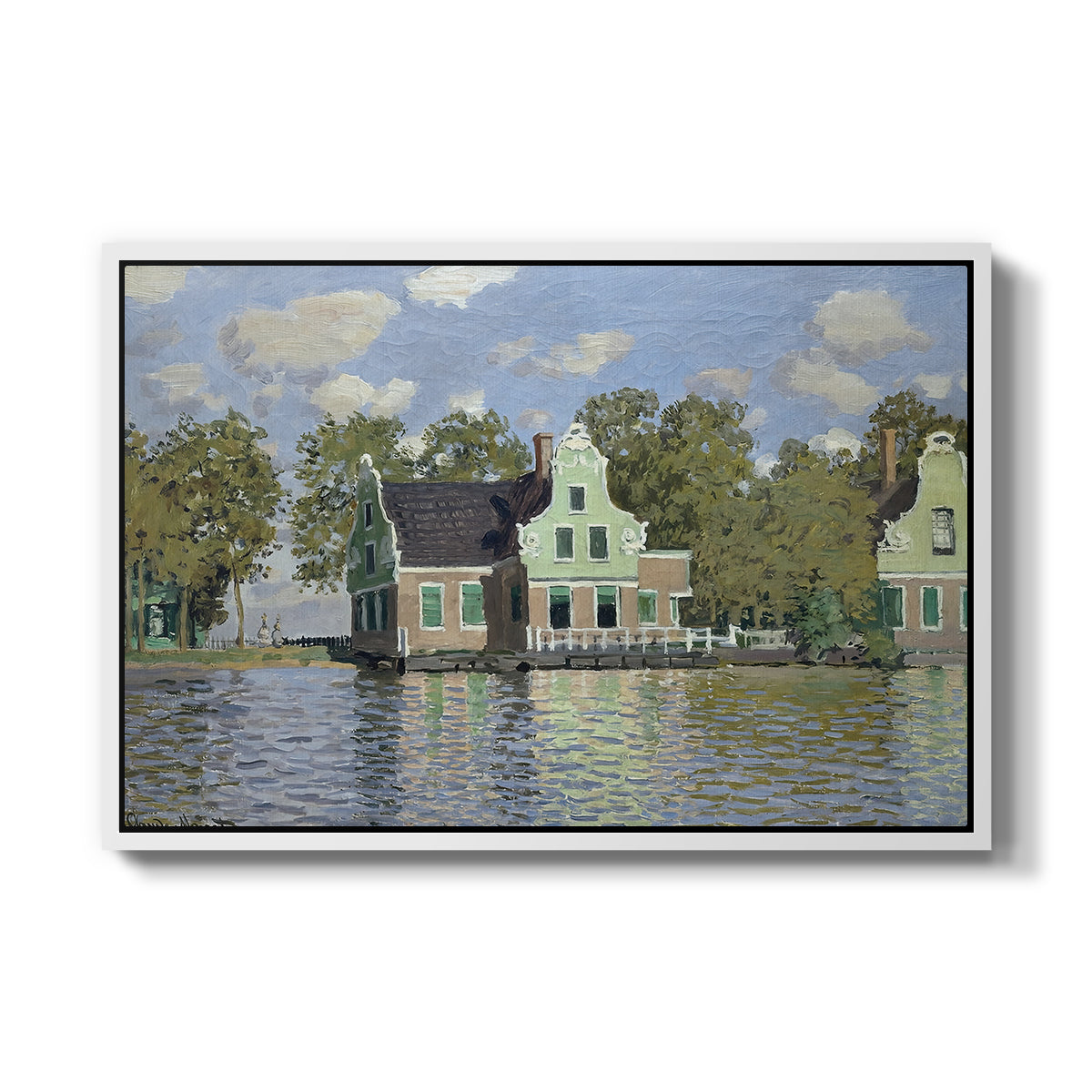 Houses on the Zaan River at Zaandam, 1871 by Claude Monet in a white floater framed canvas wall art display.
