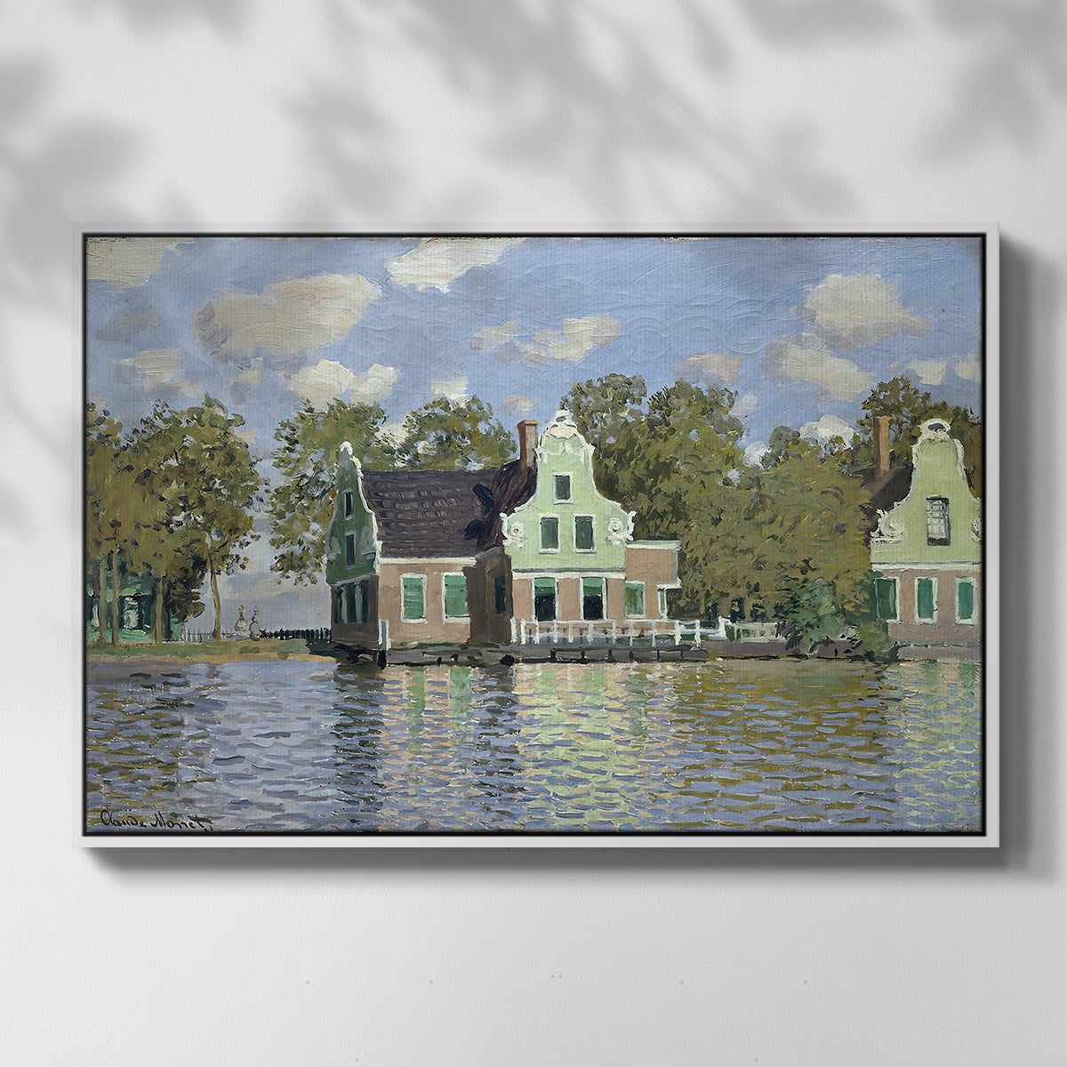 Front view of Houses on the Zaan River at Zaandam, 1871 by Claude Monet in a white floater framed canvas.