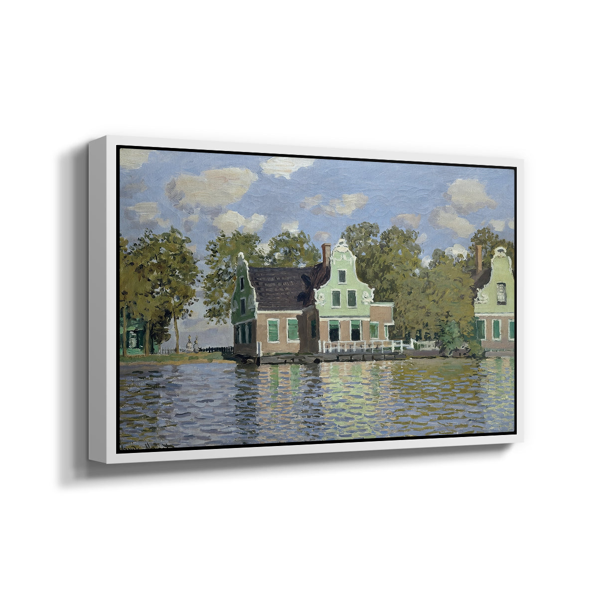 Angled view of Houses on the Zaan River at Zaandam, 1871 by Claude Monet in a white floater framed canvas.