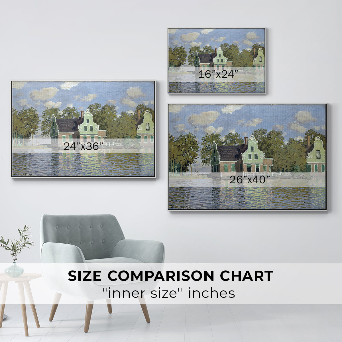 Size comparison chart for white floater framed canvas featuring Houses on the Zaan River at Zaandam, 1871 by Claude Monet.
