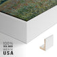 Close-up of the white floater frame corner and gallery wrapped canvas construction.