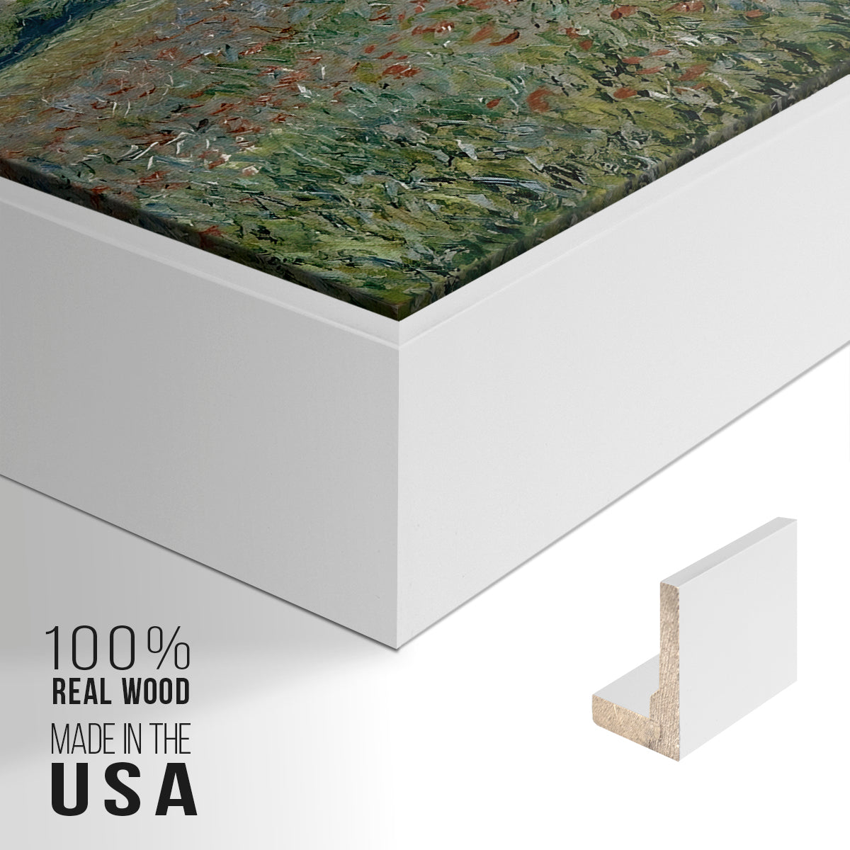 Close-up of the white floater frame corner and gallery wrapped canvas construction.