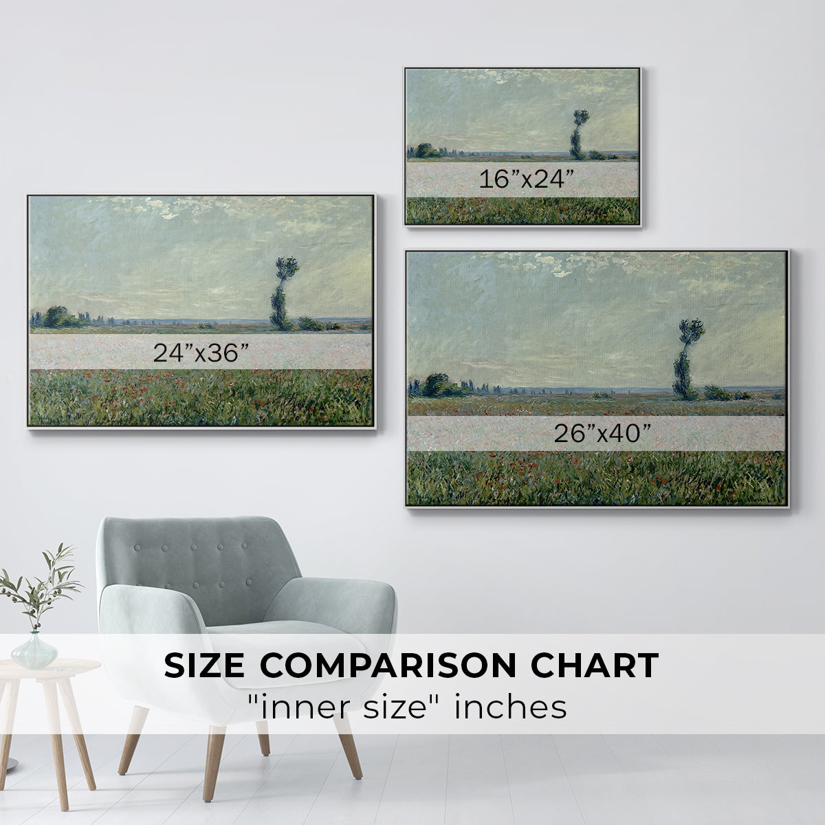 Size comparison chart for white floater framed canvas featuring Poppy Field, 1881 by Claude Monet.