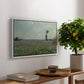 Poppy Field, 1881 by Claude Monet, presented in a white floater framed canvas featuring a wide field of red poppies stretching across countryside under open sky, displayed above a hallway console table.
