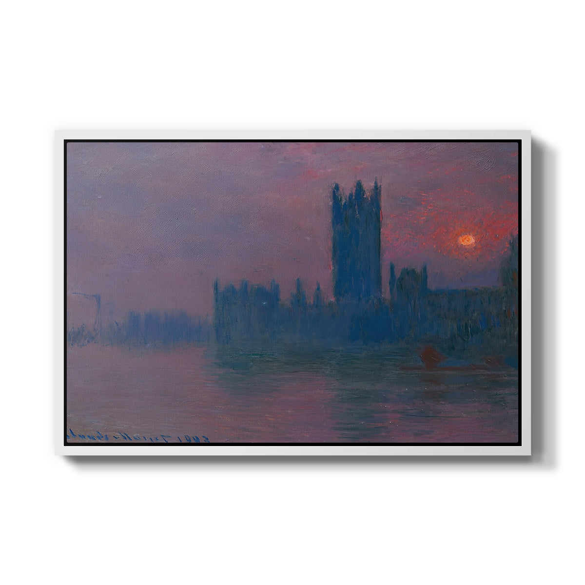 The Houses of Parliament, Sunset, 1903 by Claude Monet in a white floater framed canvas wall art display.