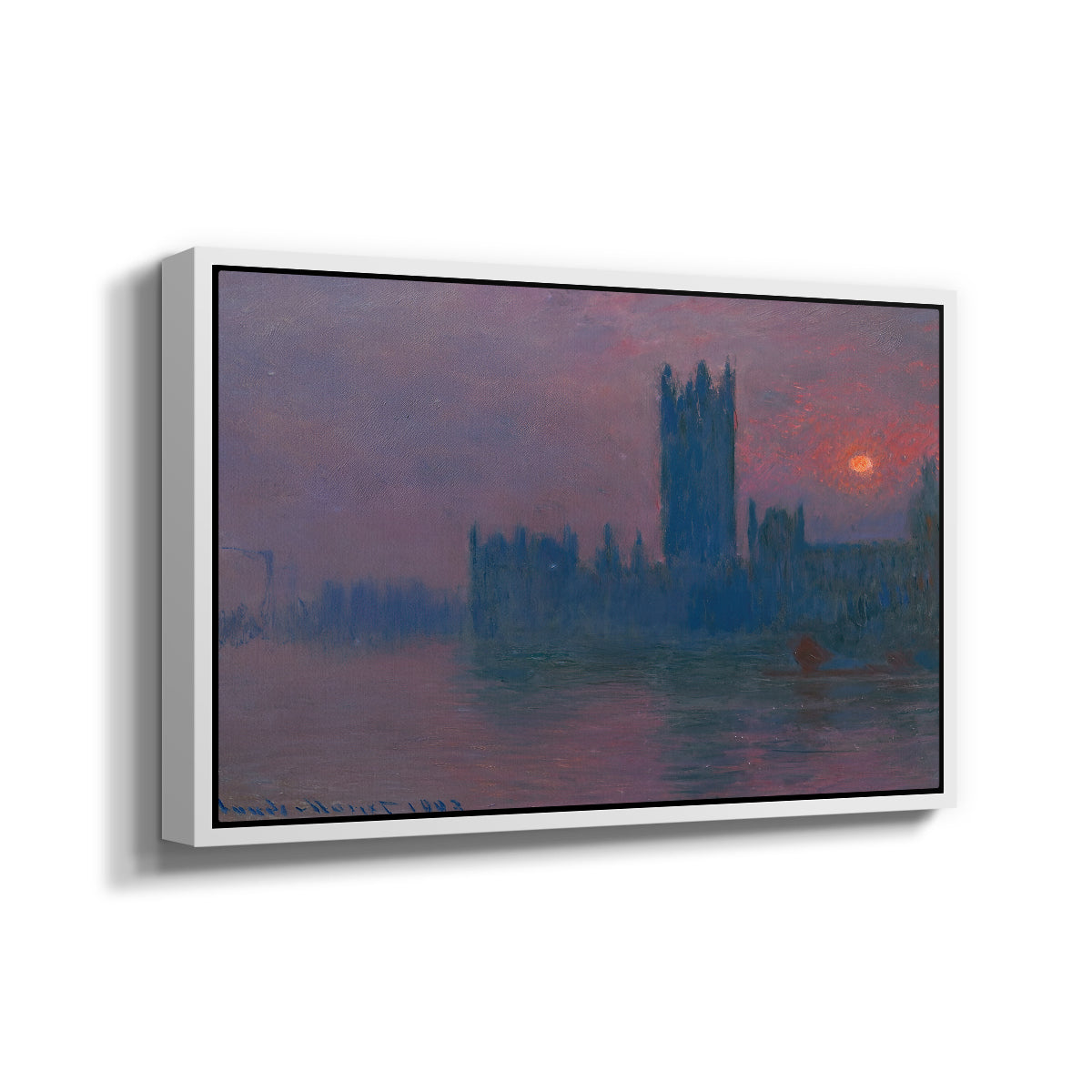 Angled view of The Houses of Parliament, Sunset, 1903 by Claude Monet in a white floater framed canvas.