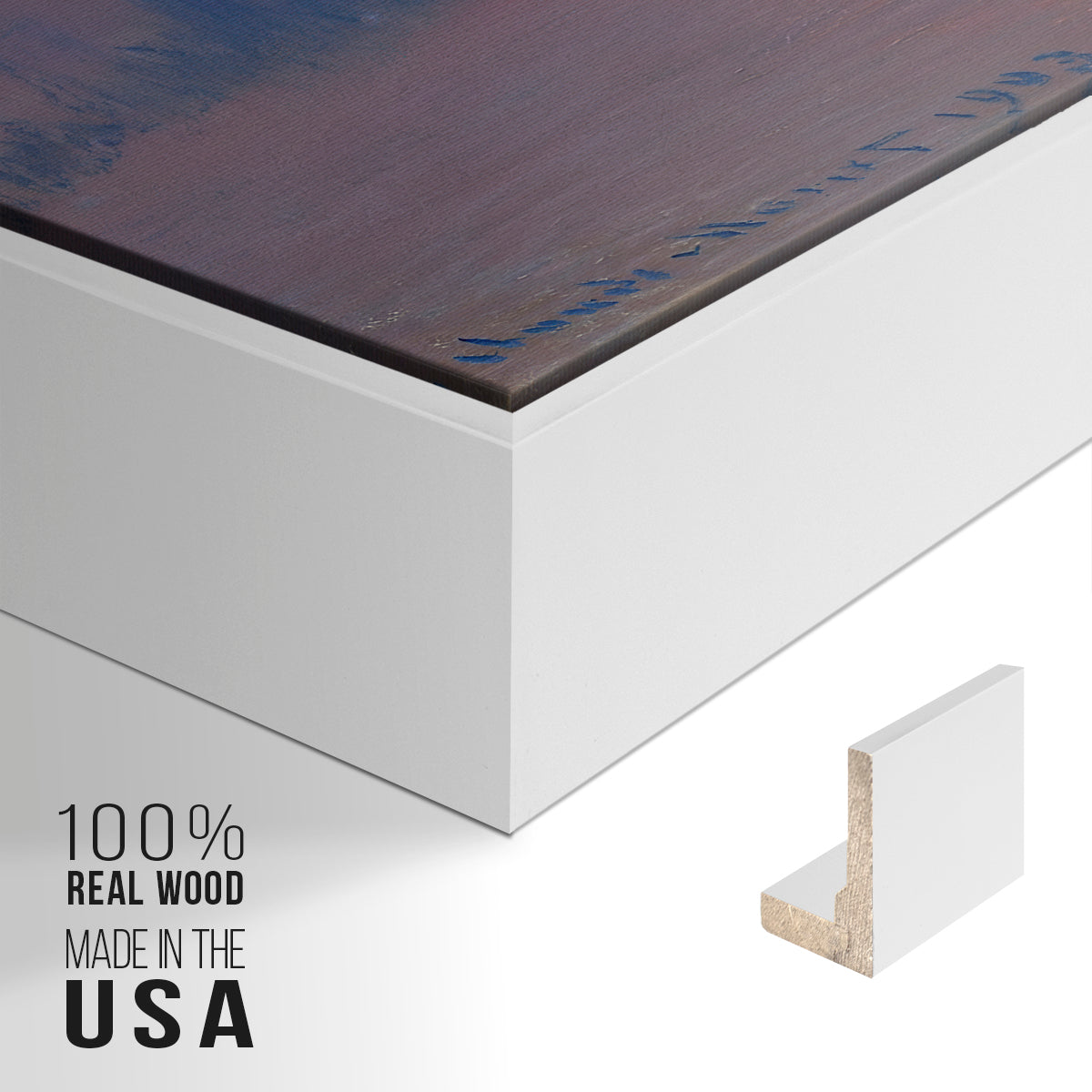 Close-up of the white floater frame corner and gallery wrapped canvas construction.