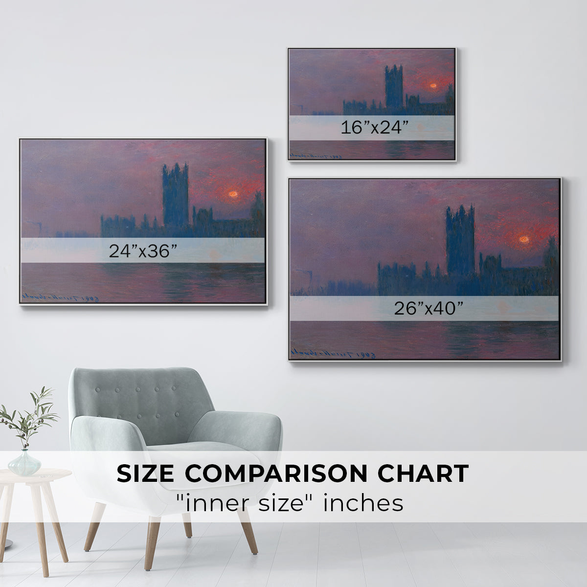 Size comparison chart for white floater framed canvas featuring The Houses of Parliament, Sunset, 1903 by Claude Monet.