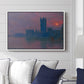 The Houses of Parliament, Sunset, 1903 by Claude Monet displayed above a sofa in a living room in a white floater frame, featuring an impressionist cityscape with warm sunset light over water.