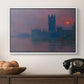 The Houses of Parliament, Sunset, 1903 by Claude Monet in a white floater framed canvas displayed above a console table in a hallway, featuring a dramatic skyline with reflections under colorful sky.