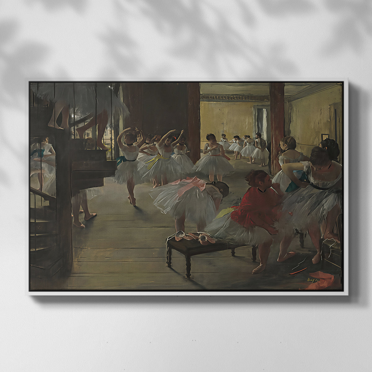 Front view of The Dance Class, c. 1873 by Edgar Degas in a white floater framed canvas.