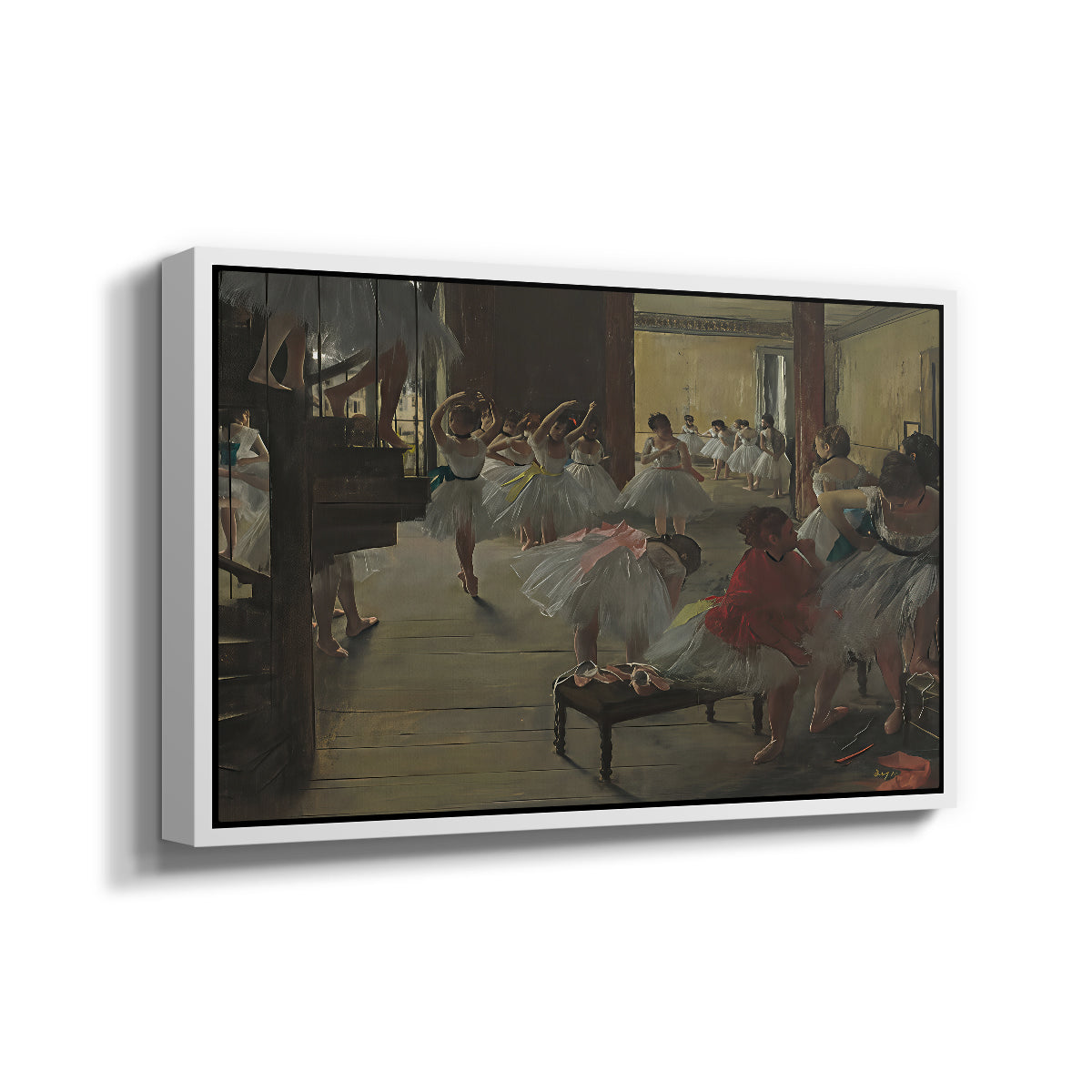 Angled view of The Dance Class, c. 1873 by Edgar Degas in a white floater framed canvas.
