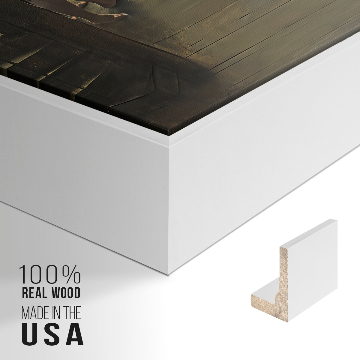 Close-up of the white floater frame corner and gallery wrapped canvas construction.