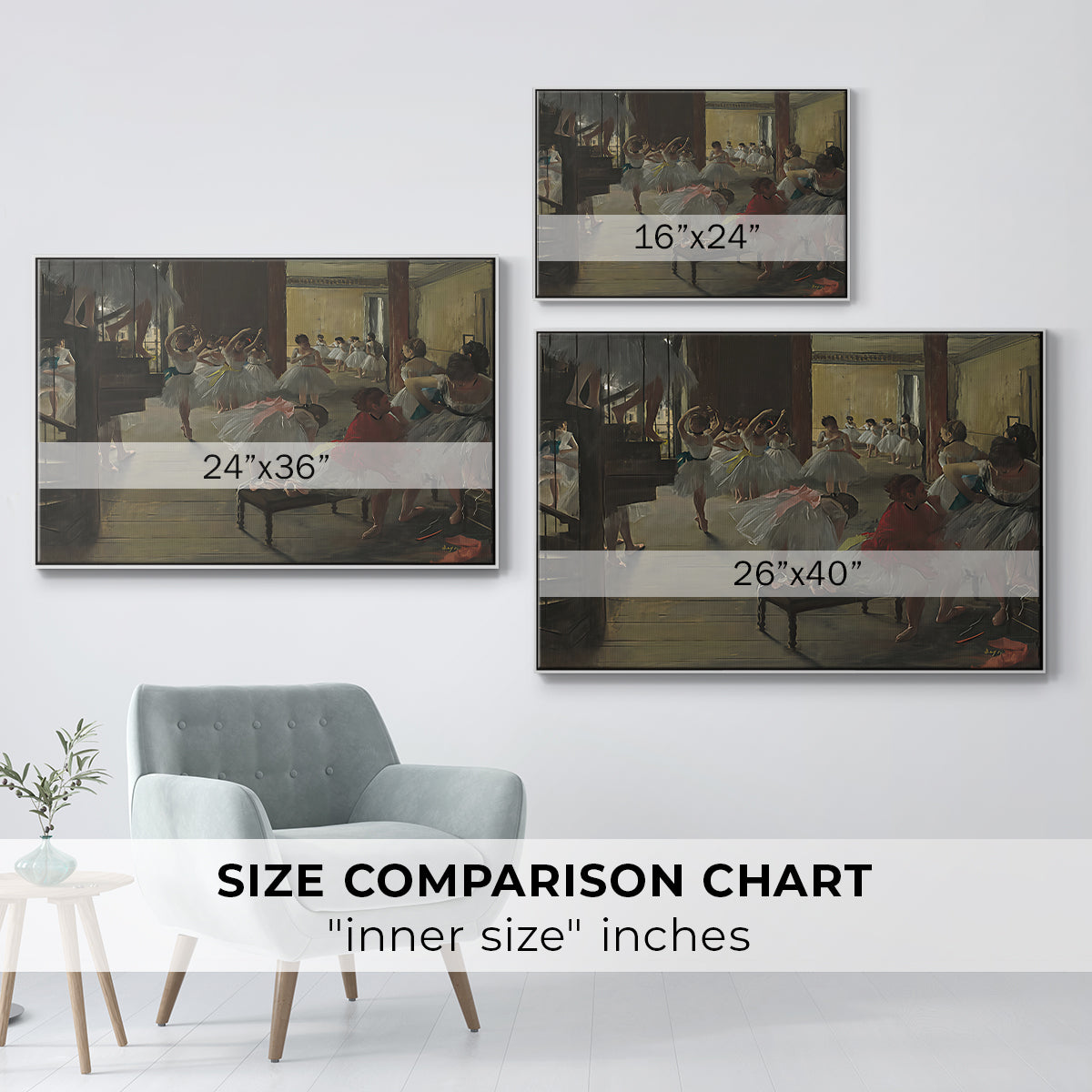Size comparison chart for white floater framed canvas featuring The Dance Class, c. 1873 by Edgar Degas.