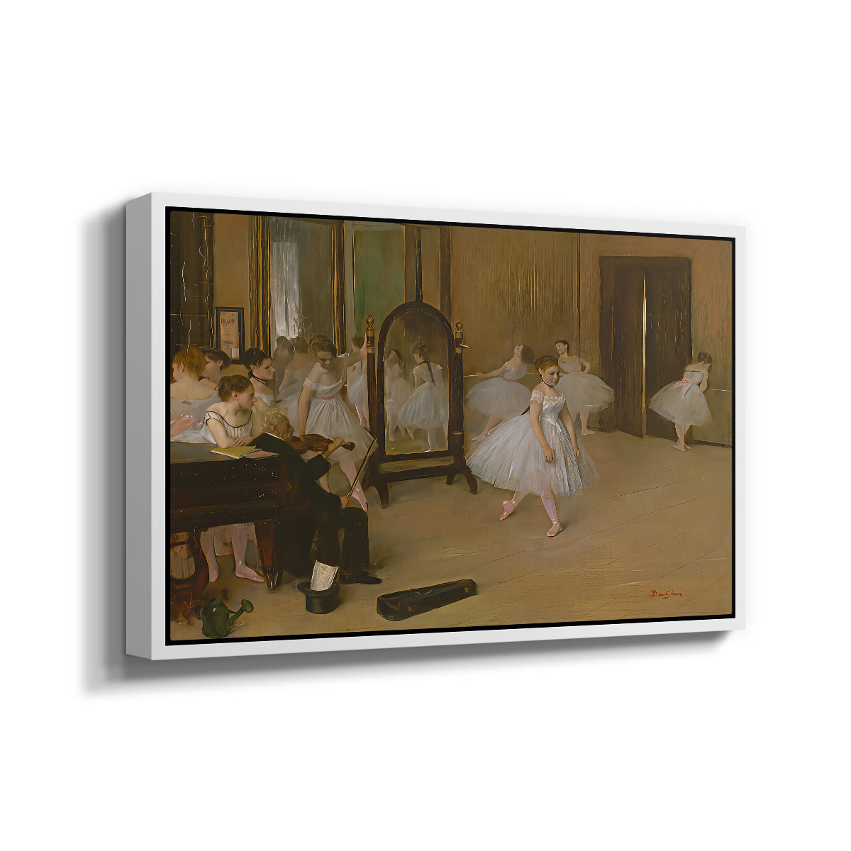 Angled view of The Dancing Class, c. 1870 by Edgar Degas in a white floater framed canvas.