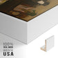 Close-up of the white floater frame corner and gallery wrapped canvas construction.