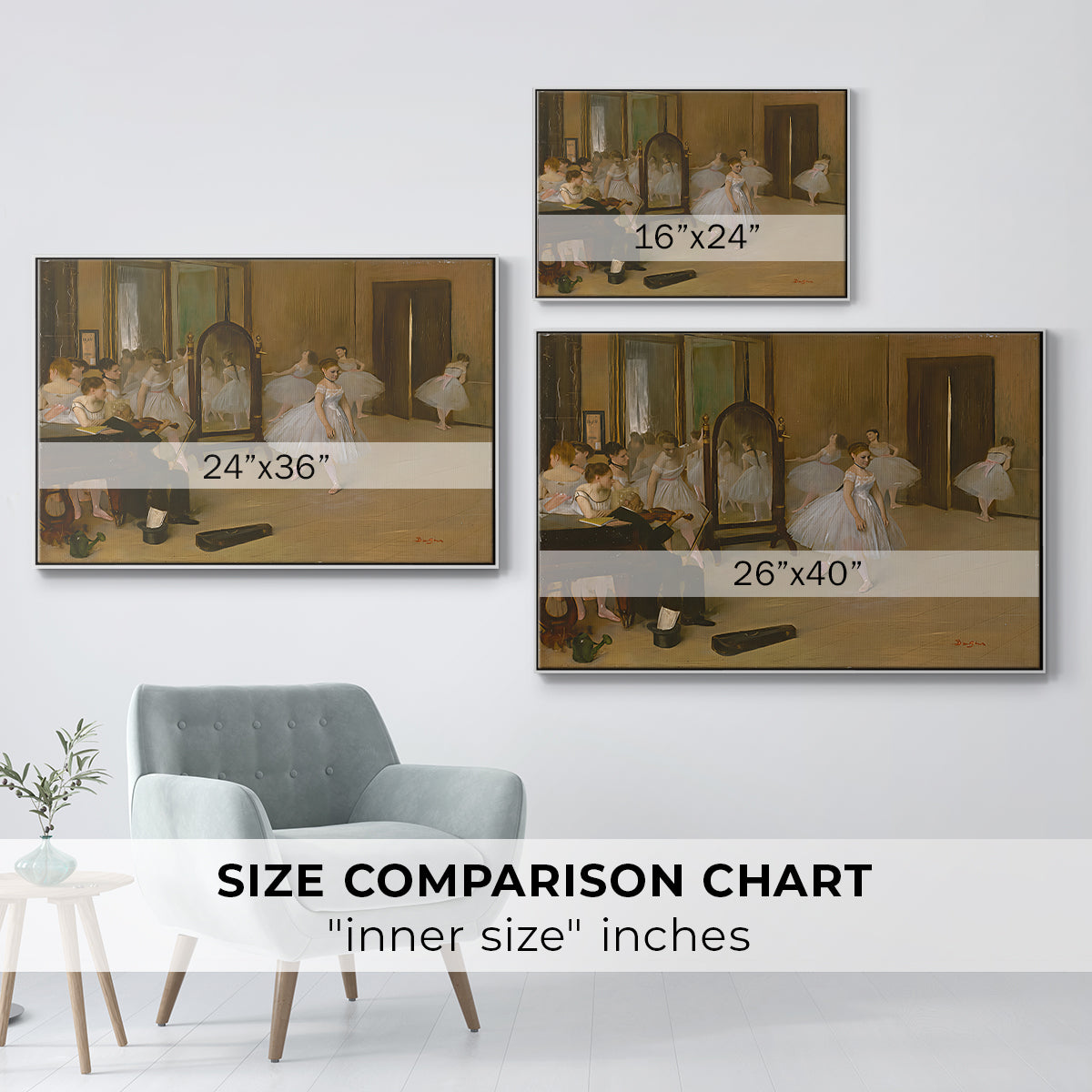 Size comparison chart for white floater framed canvas featuring The Dancing Class, c. 1870 by Edgar Degas.