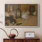 White floater framed canvas featuring an impressionist interior capturing movement and discipline of dancers, displayed above a cabinet in a soft-toned living room.