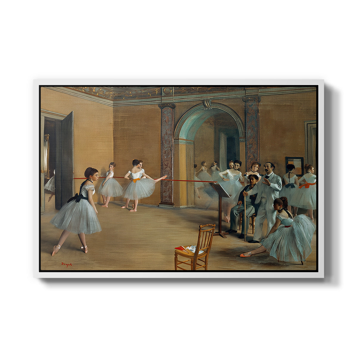 The Dance Foyer at the Opera on the Rue Le Peletier, 1872 by Edgar Degas in a white floater framed canvas wall art display.