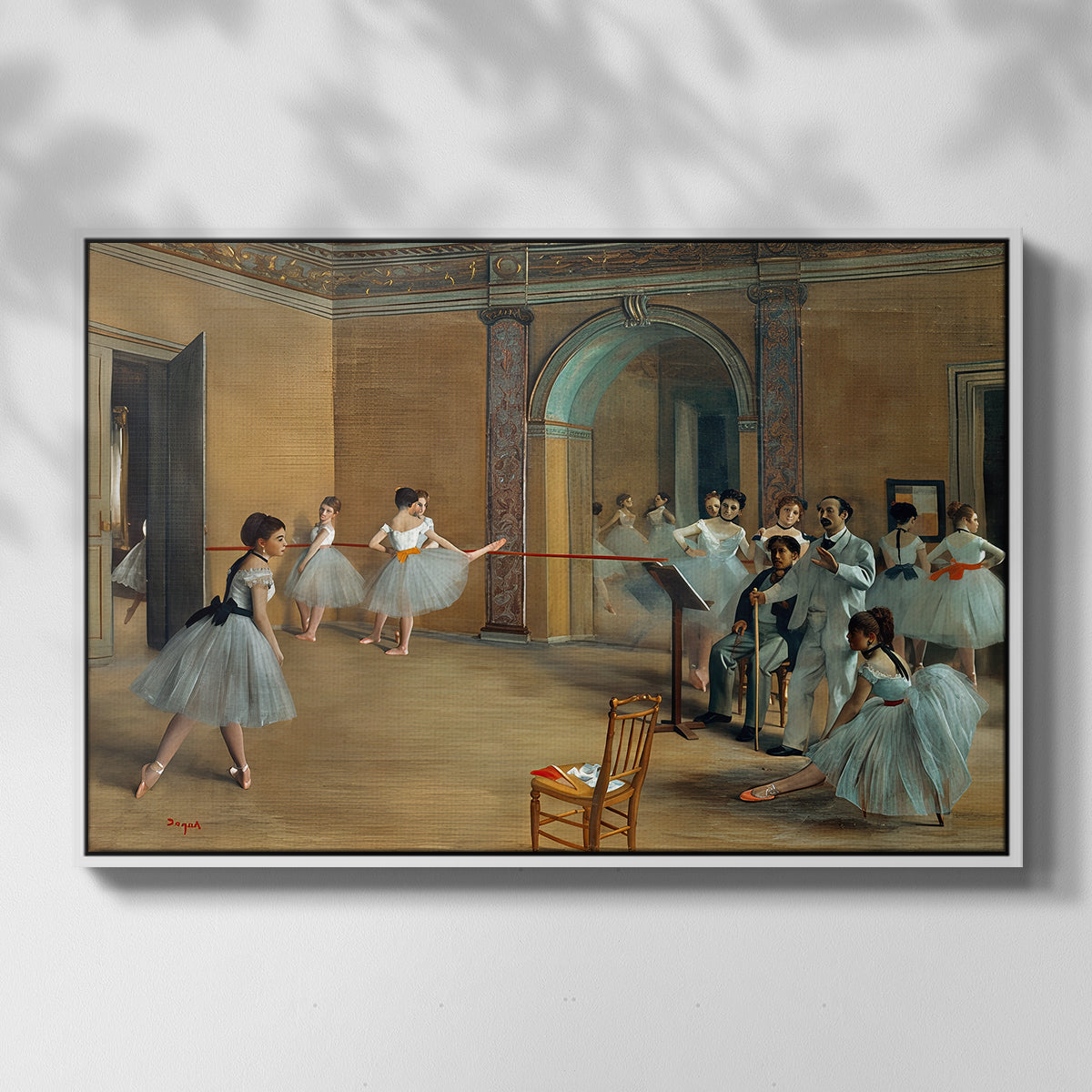 Front view of The Dance Foyer at the Opera on the Rue Le Peletier, 1872 by Edgar Degas in a white floater framed canvas.
