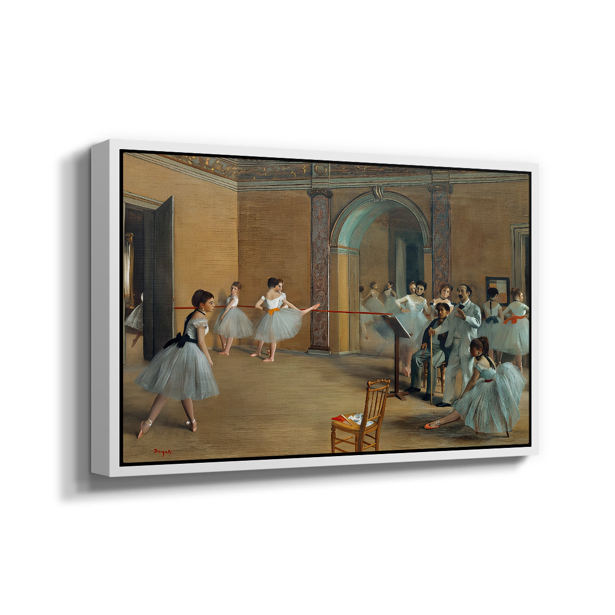 Angled view of The Dance Foyer at the Opera on the Rue Le Peletier, 1872 by Edgar Degas in a white floater framed canvas.