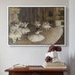 White floater framed canvas featuring The Rehearsal of the Ballet Onstage, 1874 by Edgar Degas above an entryway table in a minimalist foyer.